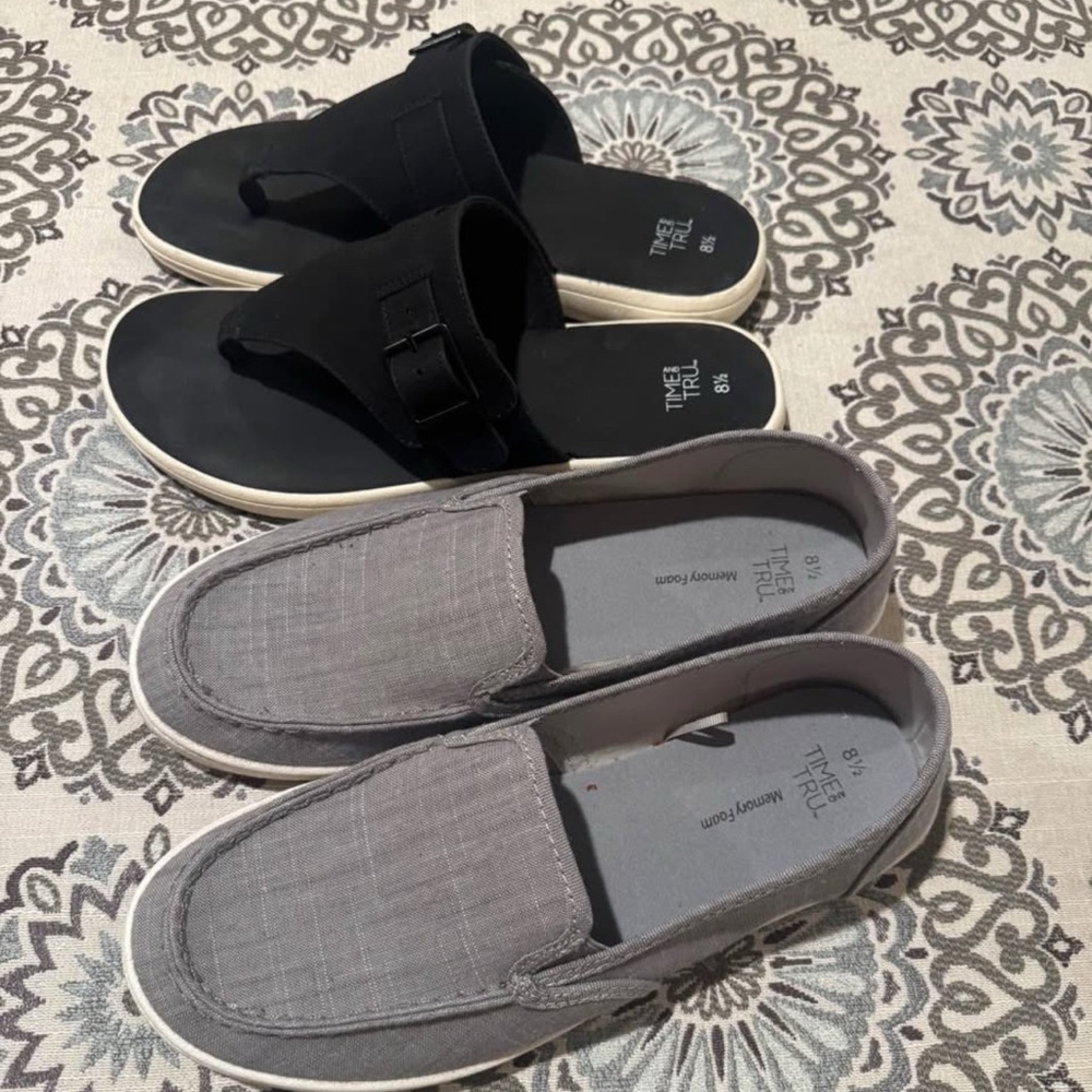 Women’s Black Sandals and Gray Slip-On Shoes